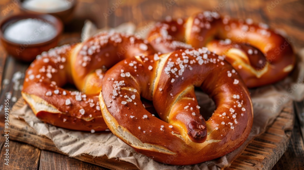 A freshly baked homemade soft pretzel with salt sits on a wooden table, ideal for Oktoberfest celebrations, highlighting its golden-brown, warm appearance. A freshly baked homemade soft pretzel with salt sits on a wooden table, ideal for Oktoberfest celebrations, highlighting its golden-brown, warm appearance.