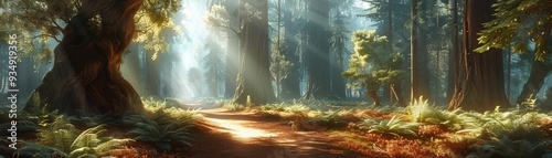 Ancient redwood forest with sunbeams filtering through, breathtaking natural wonder scenery, timeless and grand