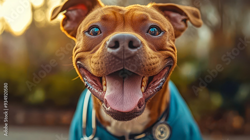 Playful Pitbull in Medical Scrubs with Stethoscope in Park, Happy Pet Doctor Greeting Close-Up at Sunset photo