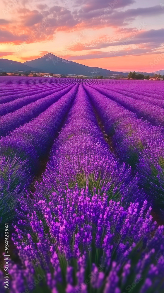 Obraz premium Breathtaking Lavender Field at Sunset with Vibrant Purple Blooms and Majestic Mountain in Background for Tranquil Nature and Aromatherapy Concepts
