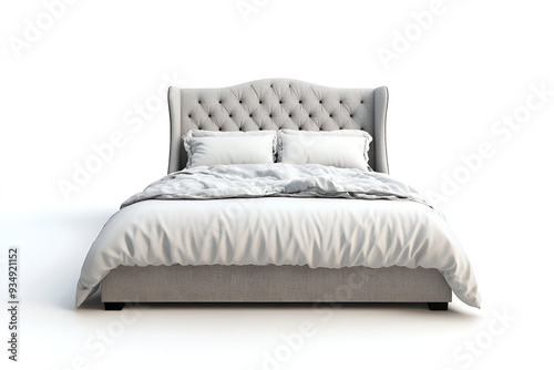 Modern Beige Upholstered Bed with soft pillows and White Bedding on white background