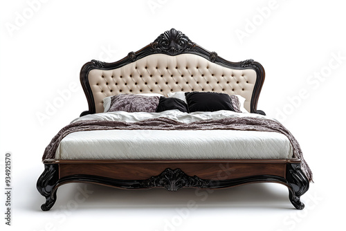 Large Bed With Wooden Frame and Headboard and pillows with white background comfortable furniture design
