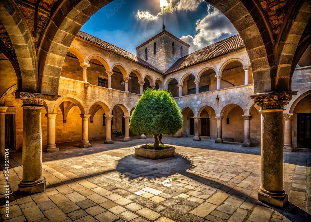 Fototapeta premium * Secondary details: Monastery courtyard, forsaken grandeur, mystical shadows, deprivation and renewal