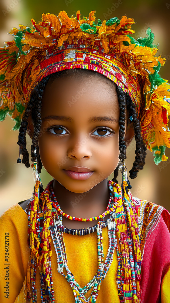 Charming Ethiopean Child in Colorful Traditional Attire with Vibrant Headdress and Beaded Necklace Capturing Cultural Heritage and Innocence Charming Ethiopean Child in Colorful Traditional Attire with Vibrant Headdress and Beaded Necklace Capturing Cultural Heritage and Innocence