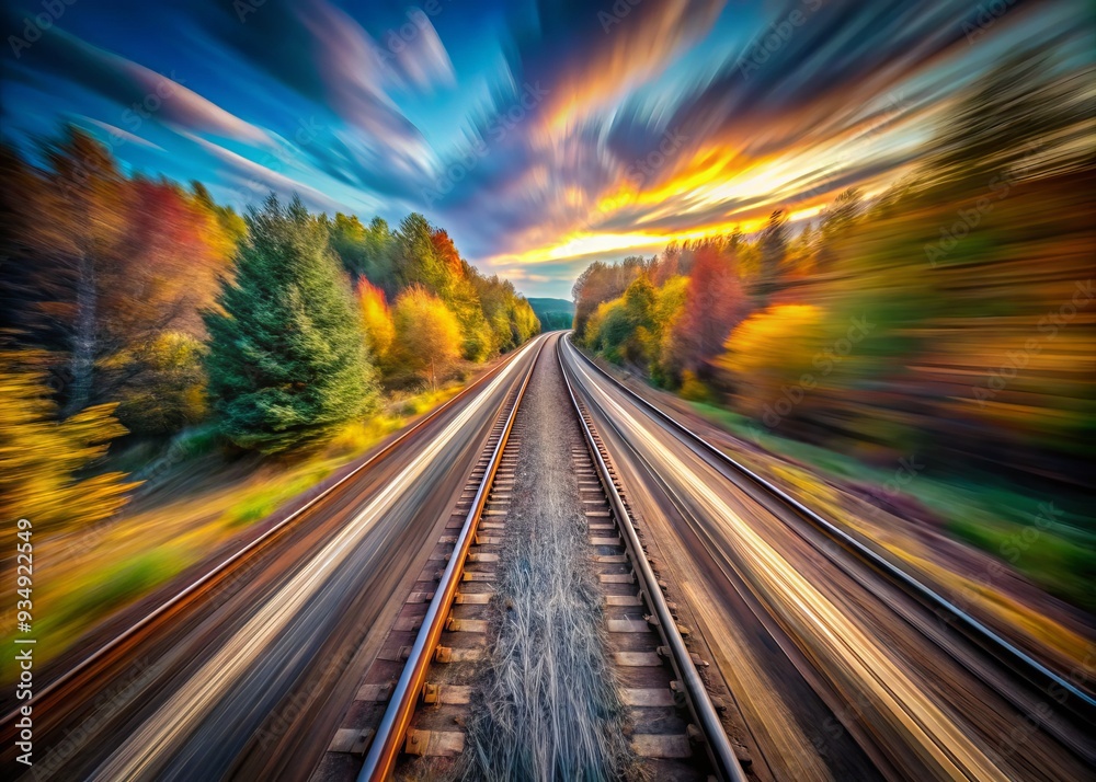 A dynamic wide-angle shot reveals swirling patterns of blurred train tracks, entwining with the surrounding environment, a fusion of vivid colors and textures. A dynamic wide-angle shot reveals swirling patterns of blurred train tracks, entwining with the surrounding environment, a fusion of vivid colors and textures.