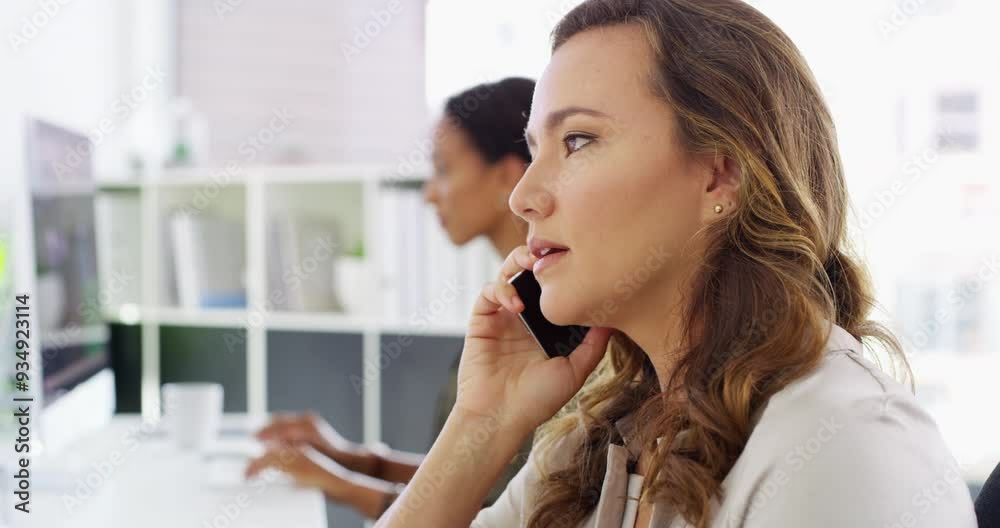 Woman, cellphone and stress in office, call and computer for conversation, problem and online. Speaking, company and frustrated for agenda, strategy or plan for consultant, network, job or working Woman, cellphone and stress in office, call and computer for conversation, problem and online. Speaking, company and frustrated for agenda, strategy or plan for consultant, network, job or working