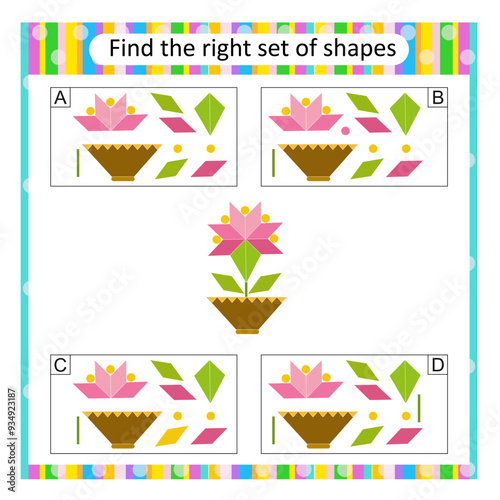 Puzzle for children. Attention task. Find the correct set of cartoon flower. Answer is A.