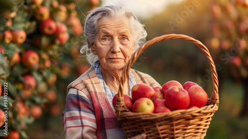 An elderly woman holds a woven basket filled with red apples while standing amidst apple trees in an orchard under golden sunlight in autumn photo