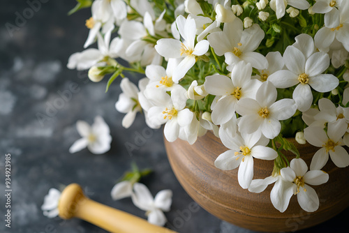 Bouquet of snowdrops white flowers with wooden bowl on a blurred gray background.