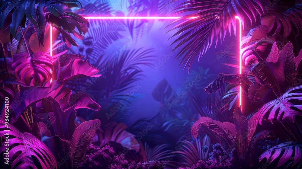 A neon frame encloses a lush tropical paradise, with neon palm leaves adding a vibrant and exotic touch to the scene. A neon frame encloses a lush tropical paradise, with neon palm leaves adding a vibrant and exotic touch to the scene.