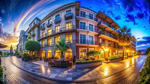 Wallpaper Mural As dusk approaches, the hotel's exterior absorbs the warm hues of a setting sun, gradually transitioning into a kaleidoscope of colors under the night sky. Torontodigital.ca