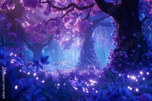 A delightful scene in Wonderland with a magical forest. The landscape is filled with whimsical trees, glowing flora and an ethereal atmosphere that captures the essence of a fantastical world. photo