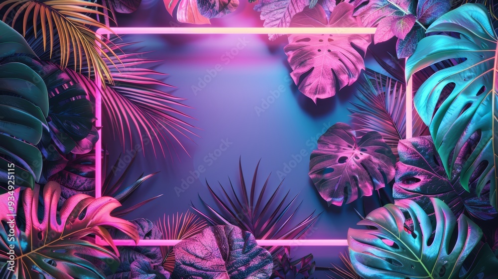 A stylish illustration showcasing a neon frame enclosing a variety of rainforest flora, adding a modern touch to botanical decor. A stylish illustration showcasing a neon frame enclosing a variety of rainforest flora, adding a modern touch to botanical decor.
