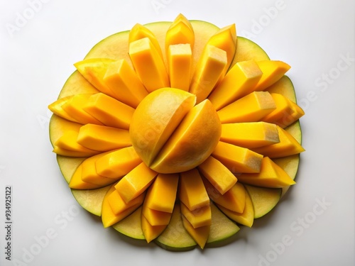 A golden mango is sliced, arranged in a circular pattern on a stark white background, illuminated by bright light, with vibrant colors. photo