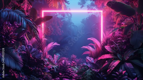 A decorative illustration featuring a glowing neon frame encasing a dense arrangement of rainforest vegetation, emphasizing the lushness of nature.