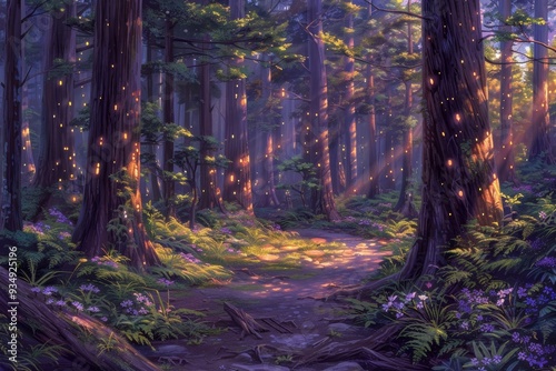 A delightful scene in Wonderland with a magical forest. The landscape is filled with whimsical trees, glowing flora and an ethereal atmosphere that captures the essence of a fantastical world. photo