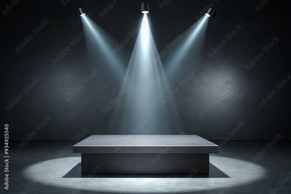 Obraz premium A raised platform stands alone on a black background, illuminated by a single spotlight, showcasing empty space with no distractions.