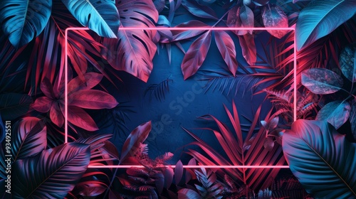 A striking image with a neon frame highlighting a border of lush, dense foliage, blending modern neon aesthetics with natural beauty.
