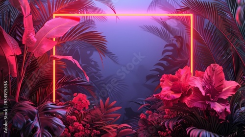 A vibrant illustration of a neon frame surrounding a tropical paradise, with lush palm trees and bright flowers, creating a lively and exotic design.