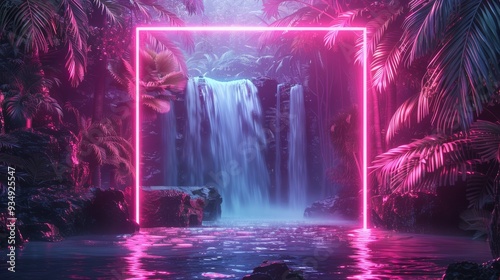 A modern illustration of a neon-lit frame around a tropical landscape, with exotic plants and a tranquil waterfall, giving a sense of relaxation and escape.