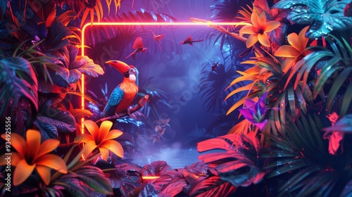 An eye-catching design of a neon frame showcasing a tropical paradise, with vibrant birds and lush foliage creating a lively and colorful scene.