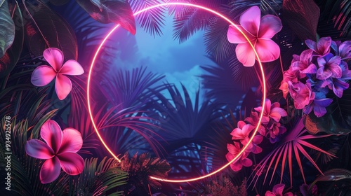An elegant design of a neon frame encircling a tropical garden, with exotic flowers and greenery, giving a sense of luxury and tranquility.