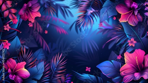 An abstract illustration of a neon frame filled with tropical elements like palm leaves and flowers, creating a paradise-like feel in the design.