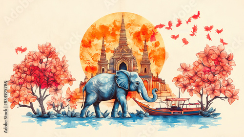 Exquisite Thailand-Inspired Border Frame with Golden Temples, Elephants, Lush Landscapes & Intricate Floral Designs - High-Resolution Digital Art for Cultural, Traditional & Exotic Themed Projects