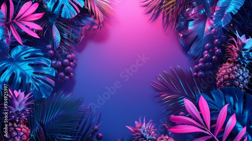 A dynamic illustration of a neon frame filled with tropical imagery, such as palm leaves and tropical fruits, creating a lively and vibrant design.