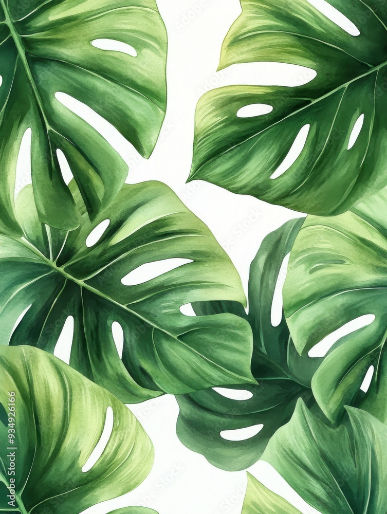 Fototapeta premium A detailed close-up of large Monstera leaves, their characteristic splits and holes beautifully rendered in watercolor, with vibrant green tones set against a pure white background