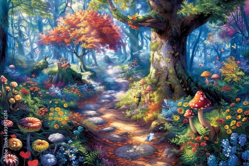 A delightful scene in Wonderland with a magical forest. The landscape is filled with whimsical trees, glowing flora and an ethereal atmosphere that captures the essence of a fantastical world. photo