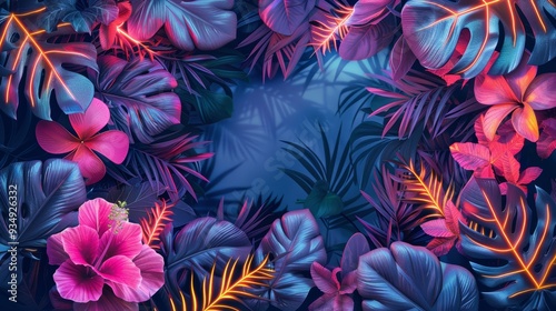 A vibrant and botanical-themed frame made of neon lights, perfect for adding a touch of nature to any digital design.