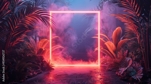 A neon frame with intricate tropical forest patterns, glowing with a warm light that evokes a sense of relaxation and tranquility.