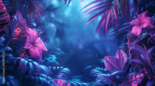 An abstract neon frame featuring tropical forest elements like palm leaves and flowers, glowing softly to create a soothing atmosphere.