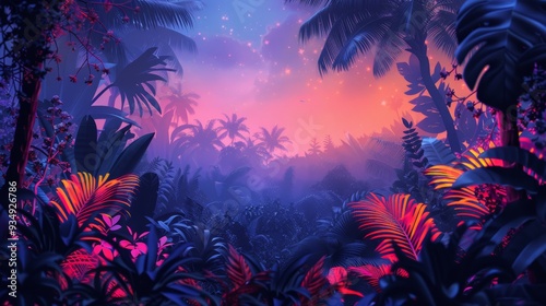 A neon frame featuring silhouettes of tropical forest animals and plants, glowing softly to create a magical and enchanting scene.