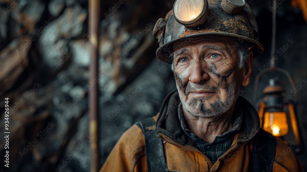 An elderly miner stands in a shadowy underground cave, his face lined with age and dirt, revealing the struggles of a challenging life amid rugged surroundings, copy space An elderly miner stands in a shadowy underground cave, his face lined with age and dirt, revealing the struggles of a challenging life amid rugged surroundings, copy space