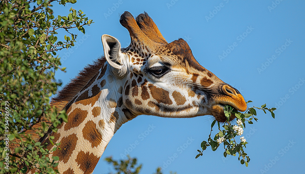 Obraz premium Giraffe in nature, spotted beauty, horned animal portrait generated by AI