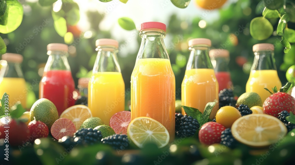 Bottles of assorted fresh fruit juices surrounded by vibrant fruits including strawberries, lemons, and blackberries, set against a natural green background.
Bottles of assorted fresh fruit juices surrounded by vibrant fruits including strawberries, lemons, and blackberries, set against a natural green background.