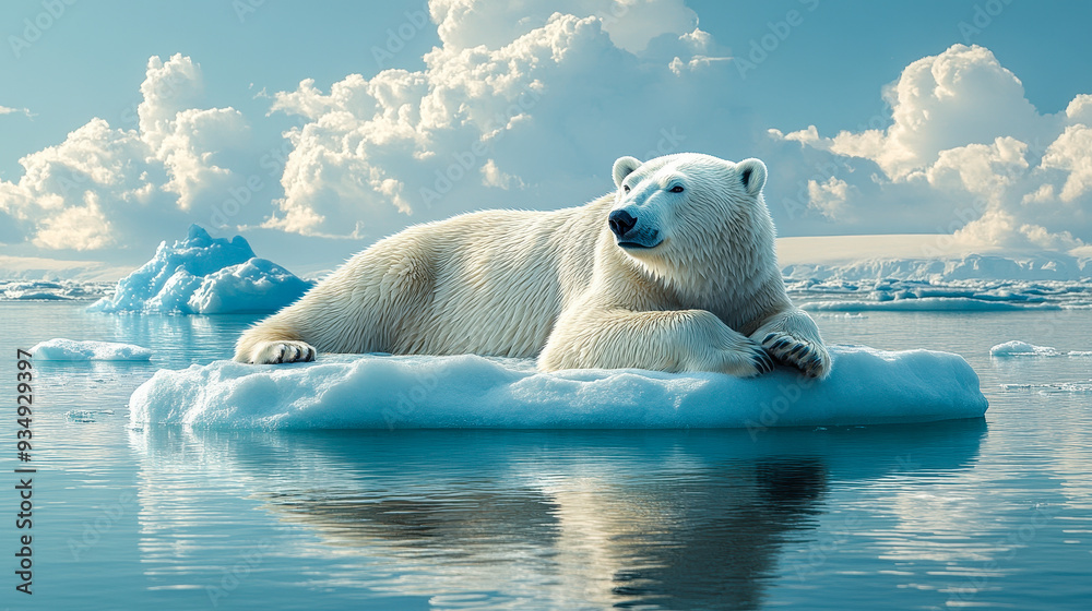 Naklejka premium Polar Bear Resting on Melting Ice Floe Highlighting Climate Change and Arctic Wildlife Endangerment