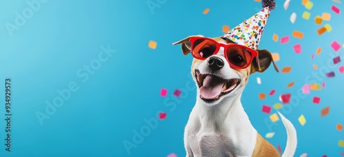 A happy birthday card concept. A dog wearing a party hat and sunglasses is celebrating their birthday, carnival, New Year's Eve, Sylvester or other festive celebrations.