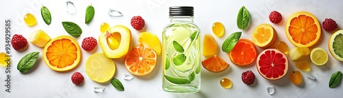 A Juicer Bottle minimalistic design dynamic fruit swirling crystal clear liquid bright tones 3D illustration