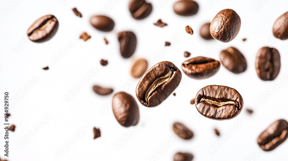 Coffee Bean Shower: A mesmerizing cascade of roasted coffee beans against a pristine white backdrop. Coffee Bean Shower: A mesmerizing cascade of roasted coffee beans against a pristine white backdrop.