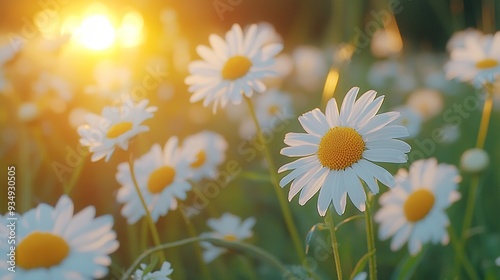 White daisies in a green meadow swaying in the wind at sunset. Chamomile flower field with green grass. Close up slow motion. Nature, flowers, spring, biology, fauna concept  photo