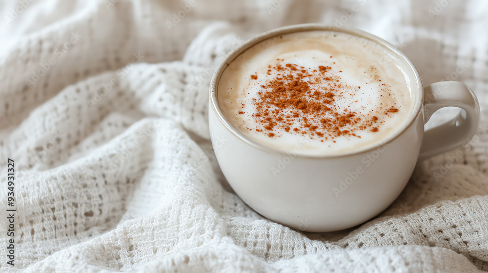 A cup of coffee with cinnamon on a cozy knitted blanket. A cup of coffee with cinnamon on a cozy knitted blanket.