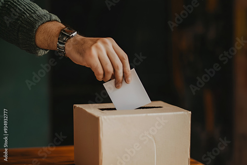 A hand is holding a white ballot paper and dropping it into a  ballot box on the wooden table with dark background