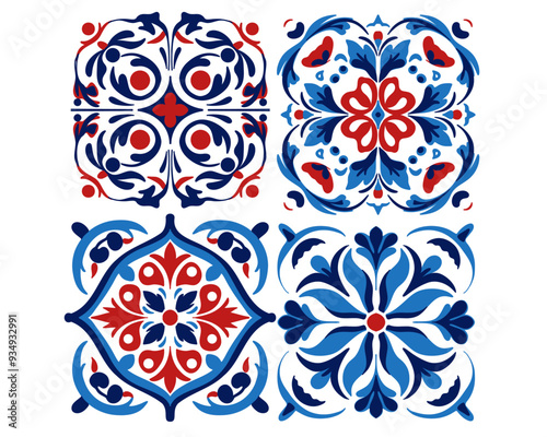 The set of Geometryc ornament texture tile pattern in blue red tones