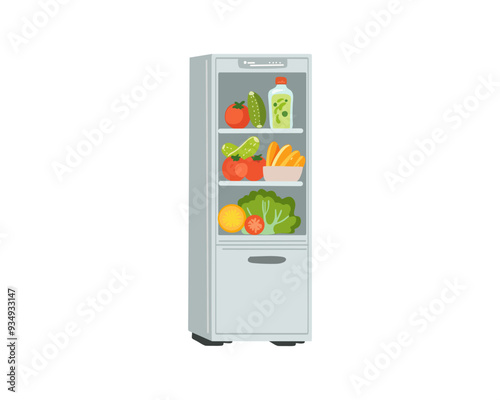 Fridge with fruits and vegetables foods on a white background in the vector illustration style