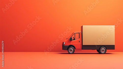 A vibrant orange background showcases a delivery truck equipped with a large cardboard box sitting on the side, suggesting an upcoming delivery, copy space photo