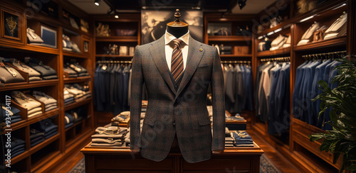 Elegantly Tailored Suit in Luxurious Boutique Highlighting Artisan Custom Tailoring, Premium Menswear Fashion, Refined Style, Upscale Shopping Experience