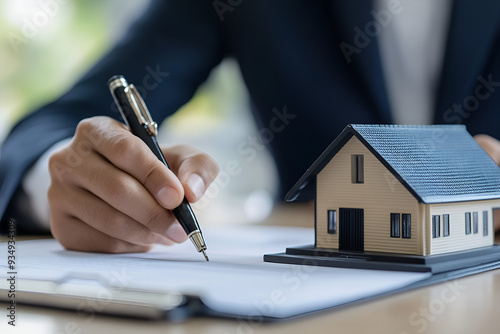 Real estate agent holding home and signing a contract about the agreement of real property on desk, businessman writing on document form rent house, broker and planning investment, business concept.